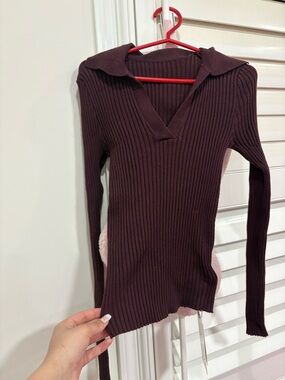 SHEIN Ribbed V-Neck Long Sleeve Sweater in Deep Burgundy